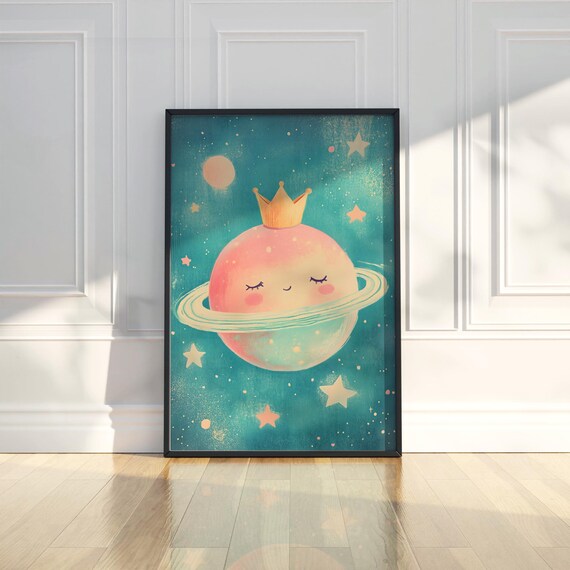 Cute Smiling Pink Planet With Crown Nursery Space Art Poster