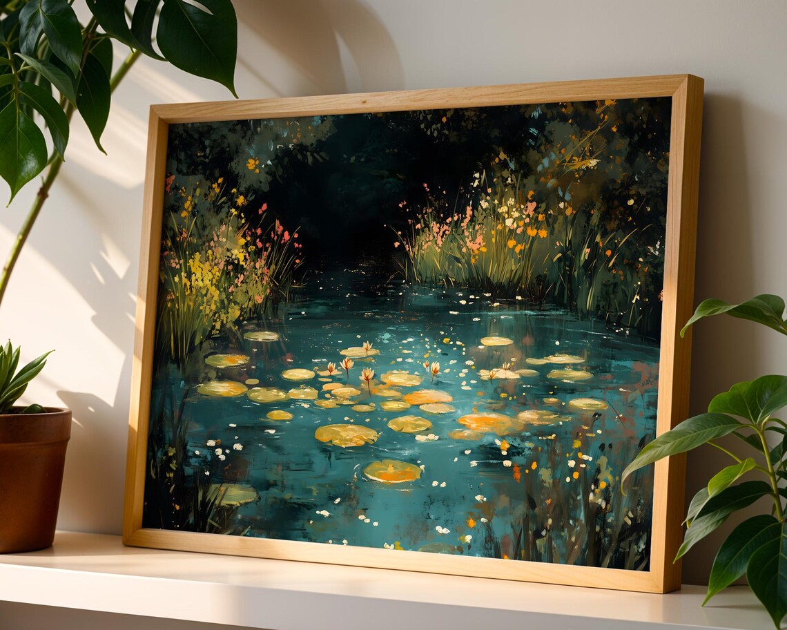 Dark Pond Water Lilies Impressionist Night Garden Floral Wall Art - Image 4