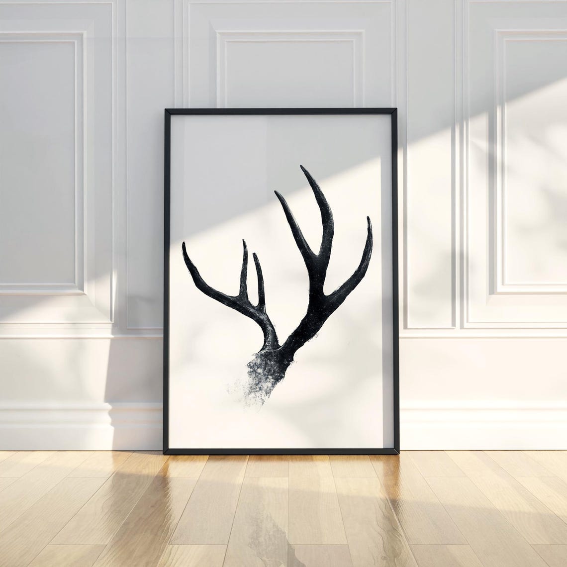Elegant Rustic Deer Antlers Black Ink Brush Minimalist Art Poster