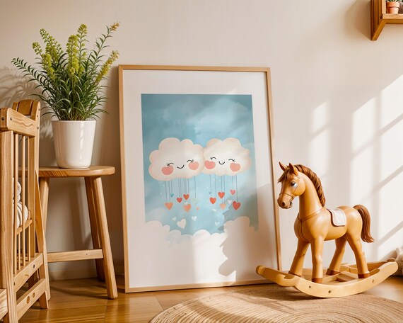 Happy Clouds Raining Hearts Cute Whimsical Nursery Art Poster