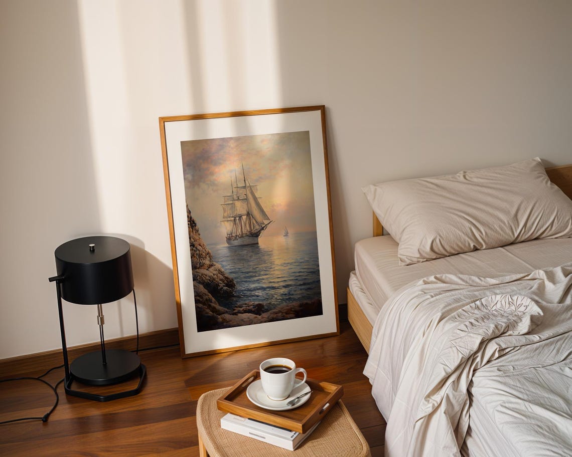 Tall Sailing Ship At Sunset Realistic Ocean Seascape Art Poster - Image 2