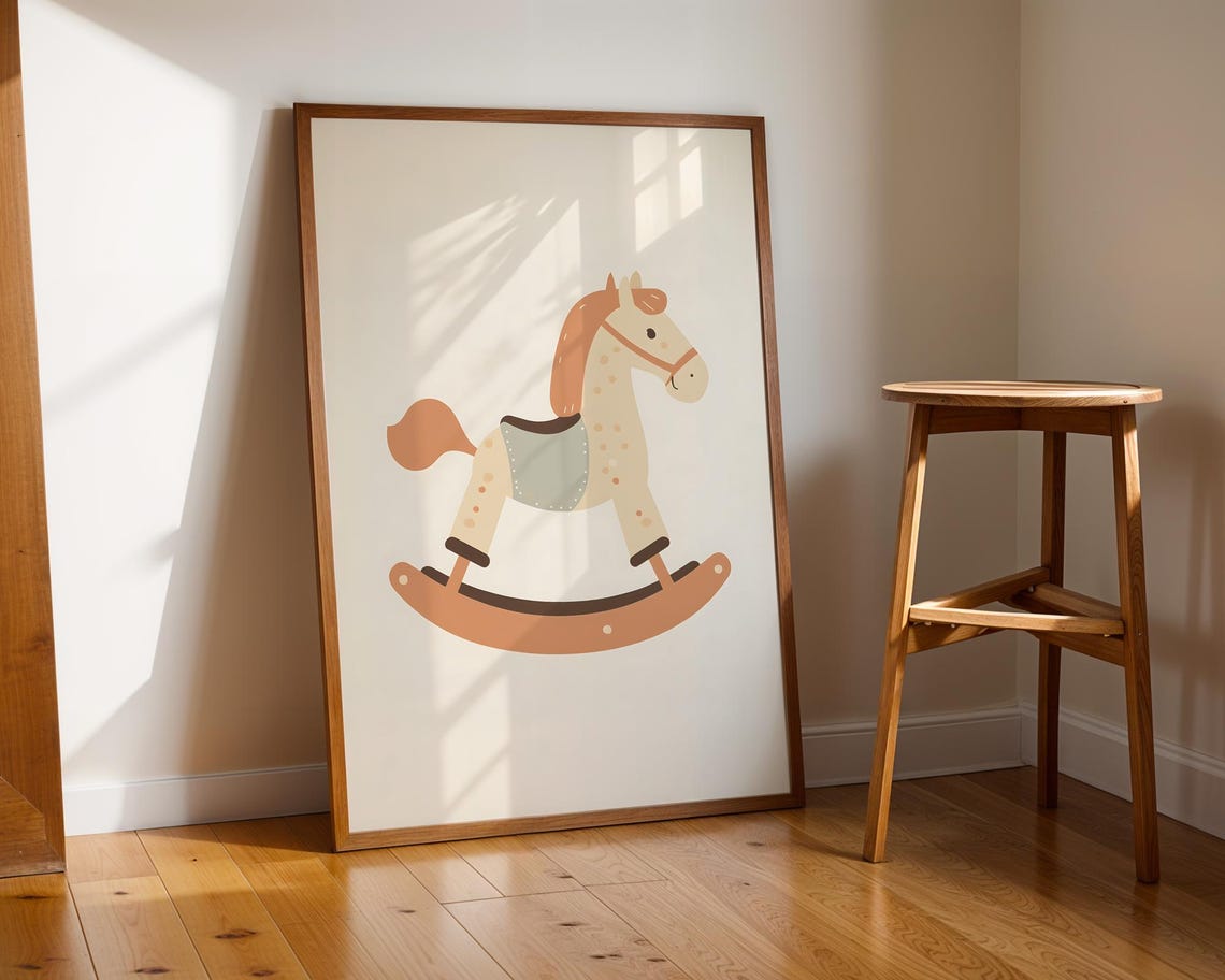 Rocking Horse Nursery Illustration Cute Kids Room Decor Print