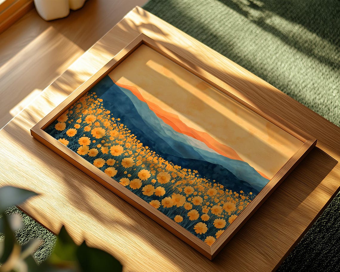 Orange Marigold Flower Field Blue Mountains Sunset Landscape Poster - Image 2