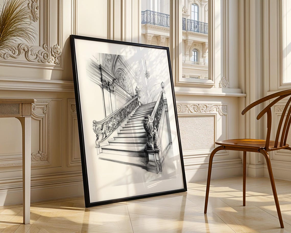 Grand Ornate Staircase Pencil Sketch Wall Art Architectural Interior Poster For Living Room Office Study Decor - Image 3