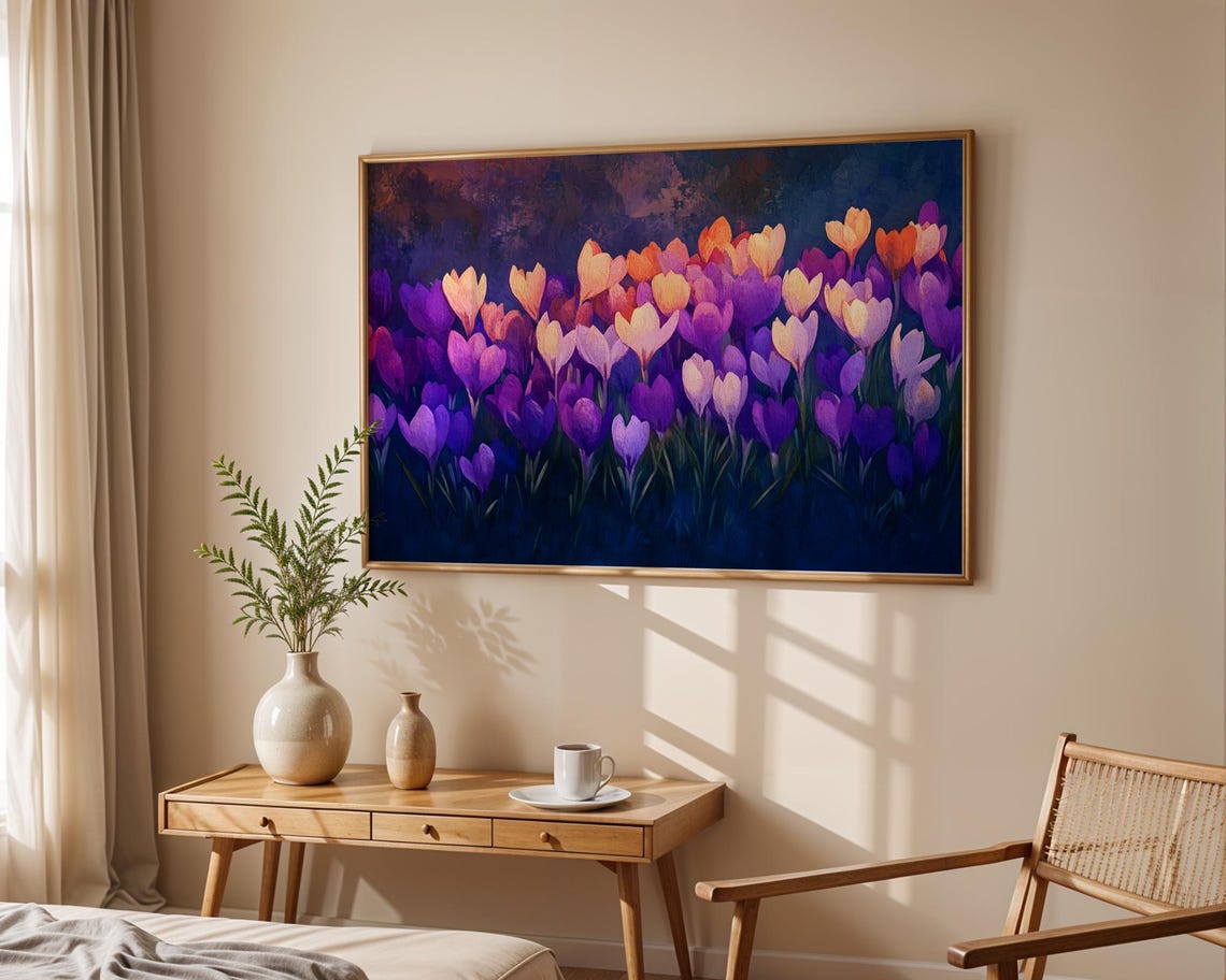 Vibrant Crocus Bloom Field Wall Art Moody Floral Poster For Living Room Office Bedroom Nursery Home Study Decor