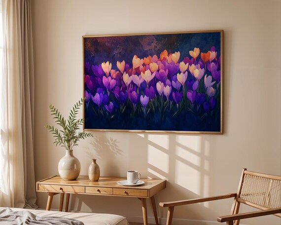 Vibrant Crocus Bloom Field Purple And Orange Moody Floral Poster