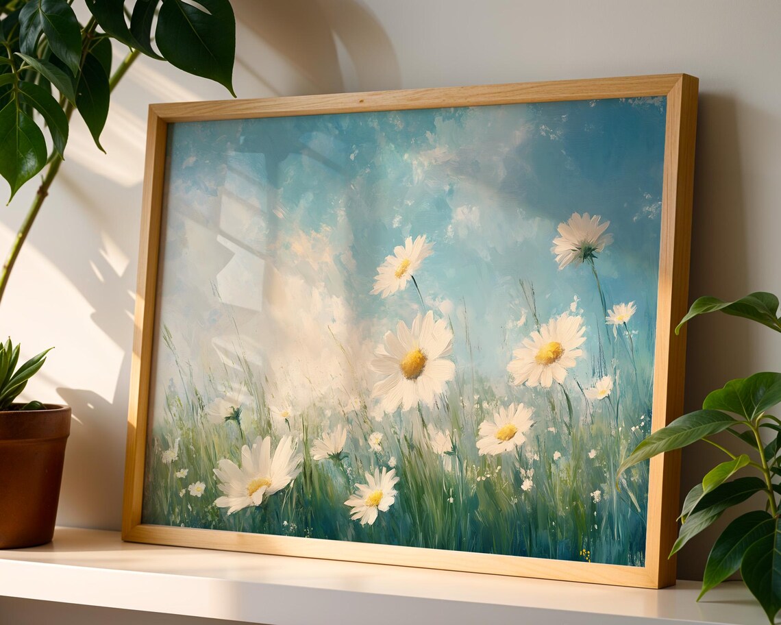Bright Daisy Meadow Under Blue Sky Fresh Summer Floral Watercolor Poster - Image 5