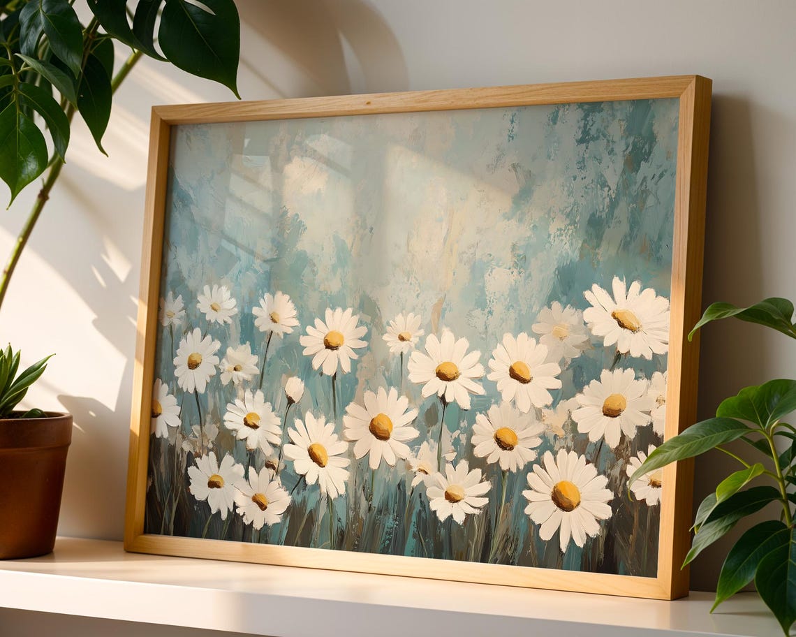 White Daisies Teal Blue Background Impressionist Floral Poster - Image 4