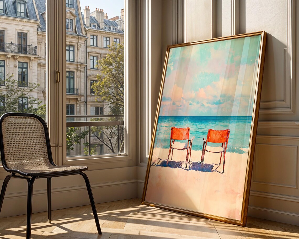 Two Orange Chairs Beach Scene Turquoise Ocean Watercolor Art Poster - Image 3