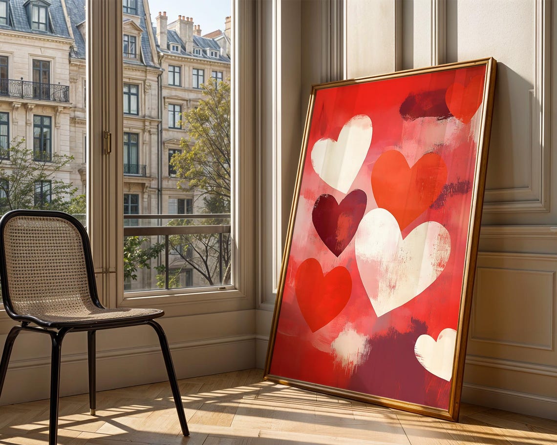 Red And White Abstract Hearts Painterly Valentine Romantic Wall Art - Image 3