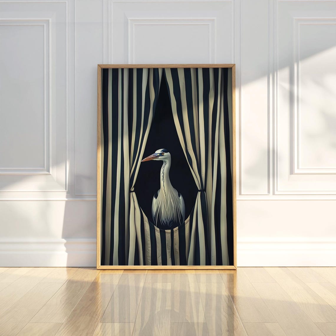 Grey Heron Bird Elegant Dramatic Striped Curtain Wildlife Art Print