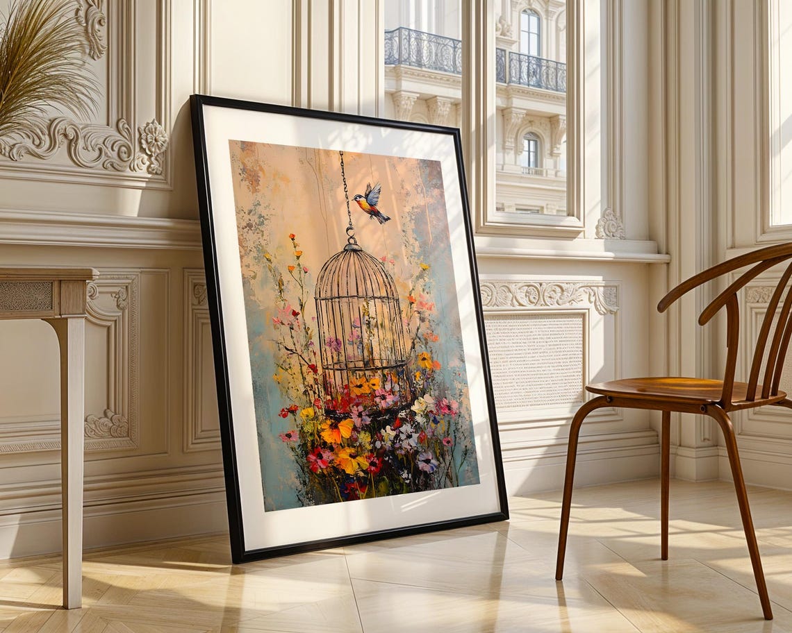 Bluebird Freedom Above Birdcage with Wildflowers Painting Poster - Image 3