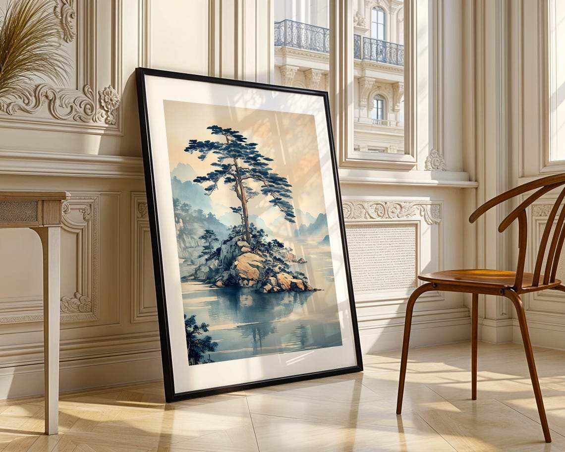 Lone Pine Tree on Rocky Island Japanese Ink Wash Painting Poster - Image 3