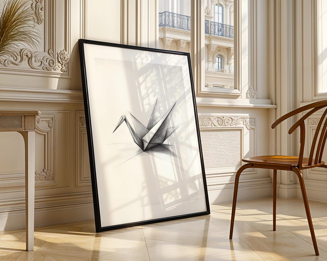 Delicate Origami Paper Crane Pencil Sketch Minimalist Art Poster