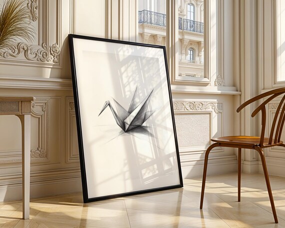 Origami Paper Crane Pencil Sketch Wall Art Minimalist Geometric Bird Poster Nursery Living Room Office Decor