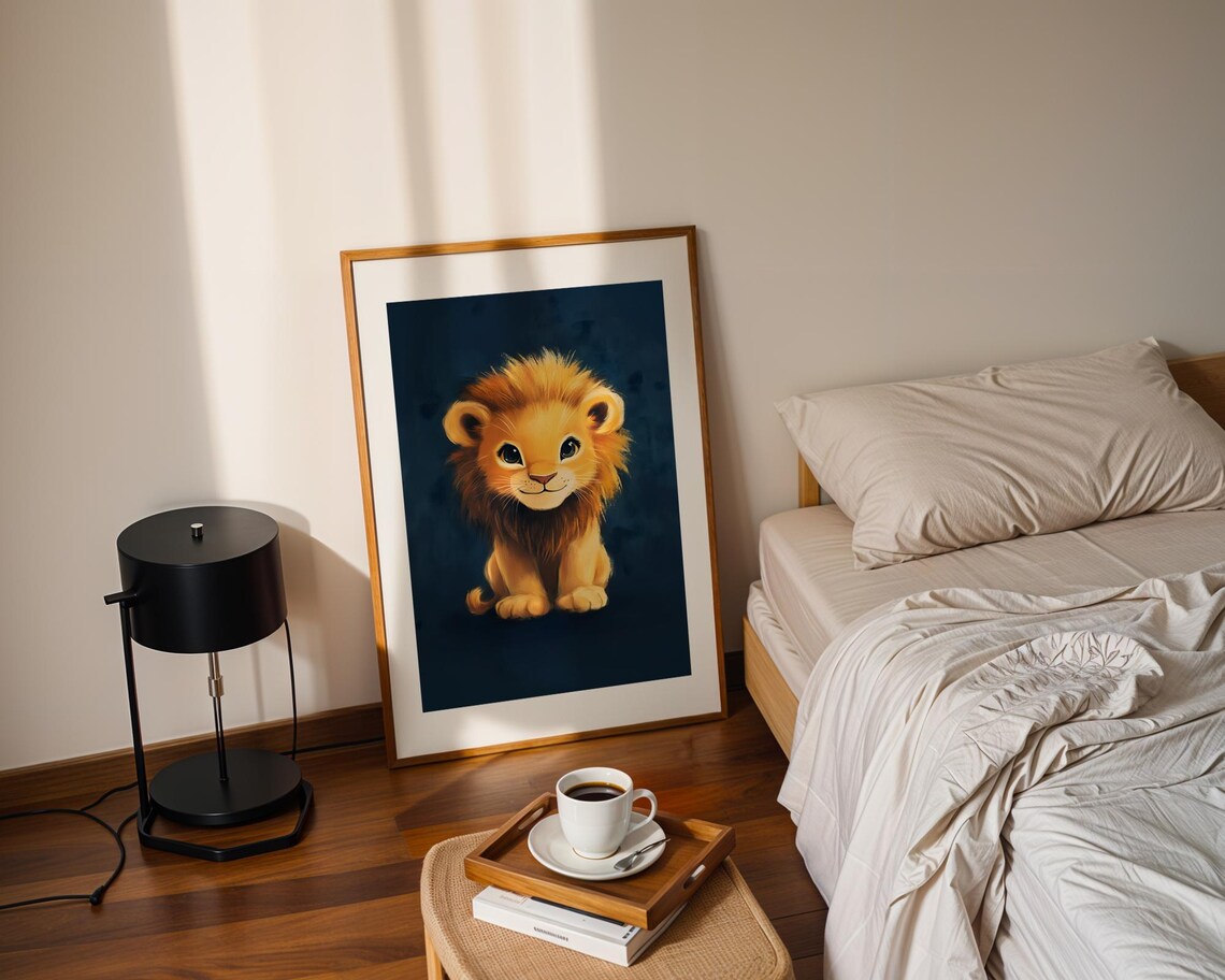 Adorable Baby Lion Cub Cute Cartoon Dark Teal Nursery Wall Art - Image 2