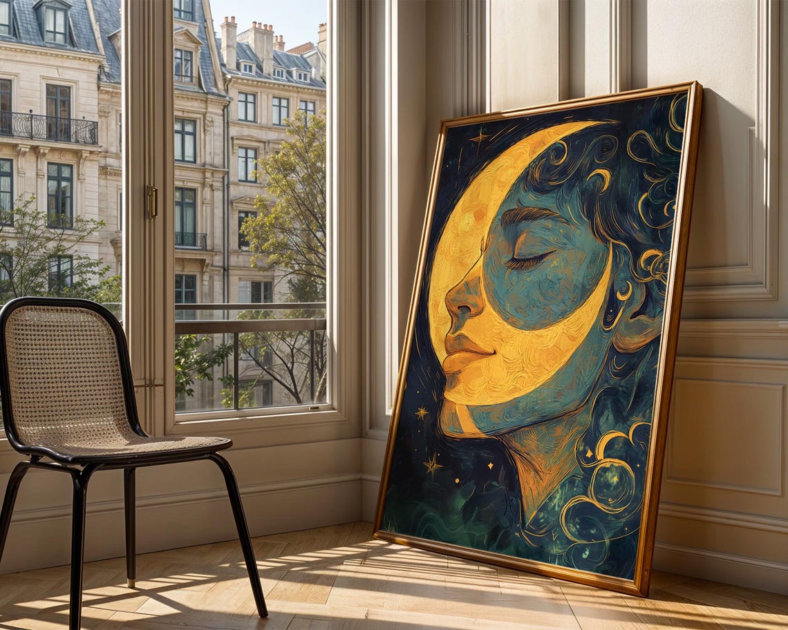 Crescent Moon Woman Face Gold Teal Celestial Dream Art Poster - Image 3