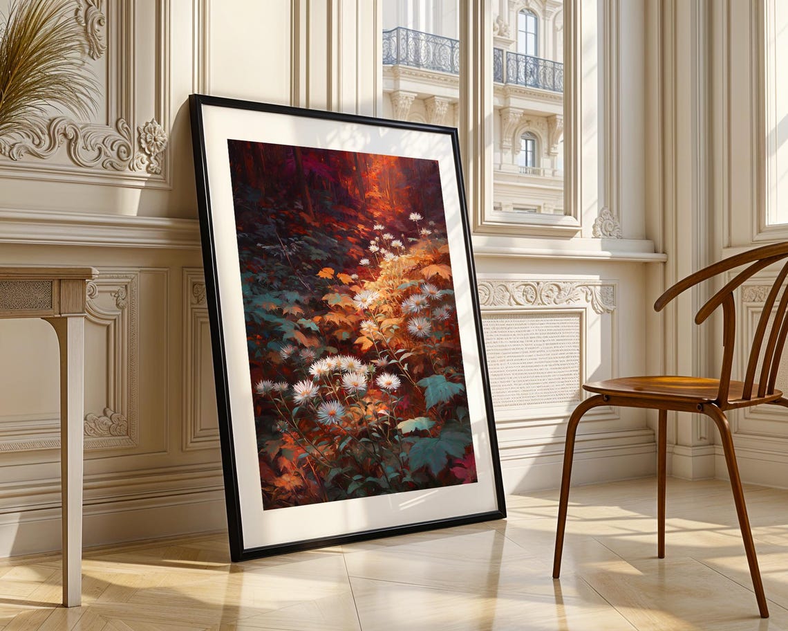 Autumn Forest White Daisy Flower Path Glowing Oil Painting Poster - Image 3