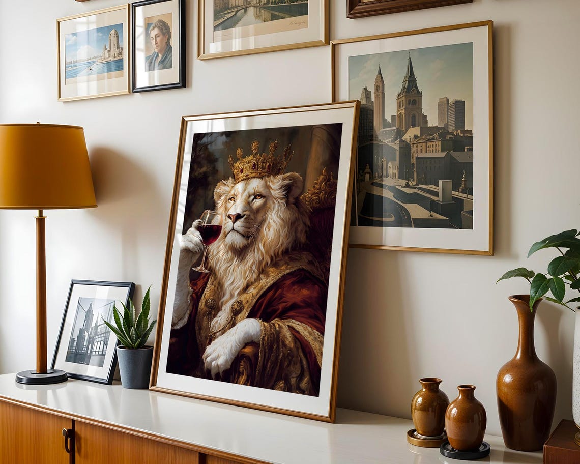 White Lion King Crown Wine Glass Regal Royal Animal Art Poster - Image 5