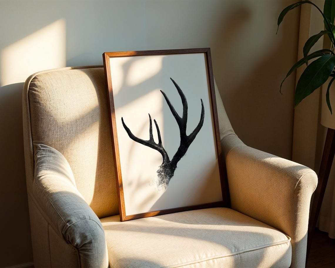 Elegant Rustic Deer Antlers Black Ink Brush Minimalist Art Poster - Image 2