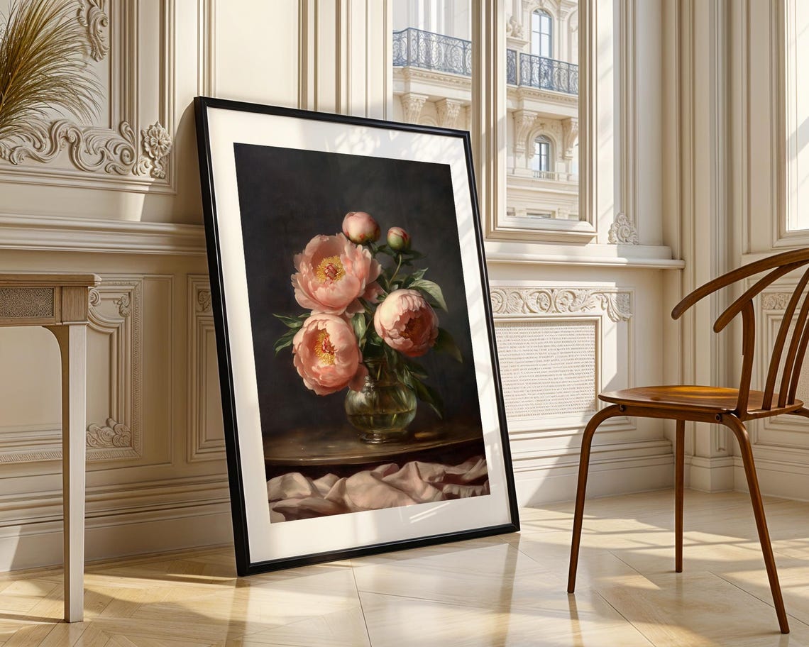 Pink Peonies Vase Moody Dark Background Vintage Still Life Poster - Image 3