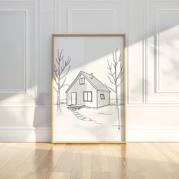 Minimalist Cottage House Wood Line Art Sketch Drawing Painting Trendy Poster Wall Print Modern Home Decor