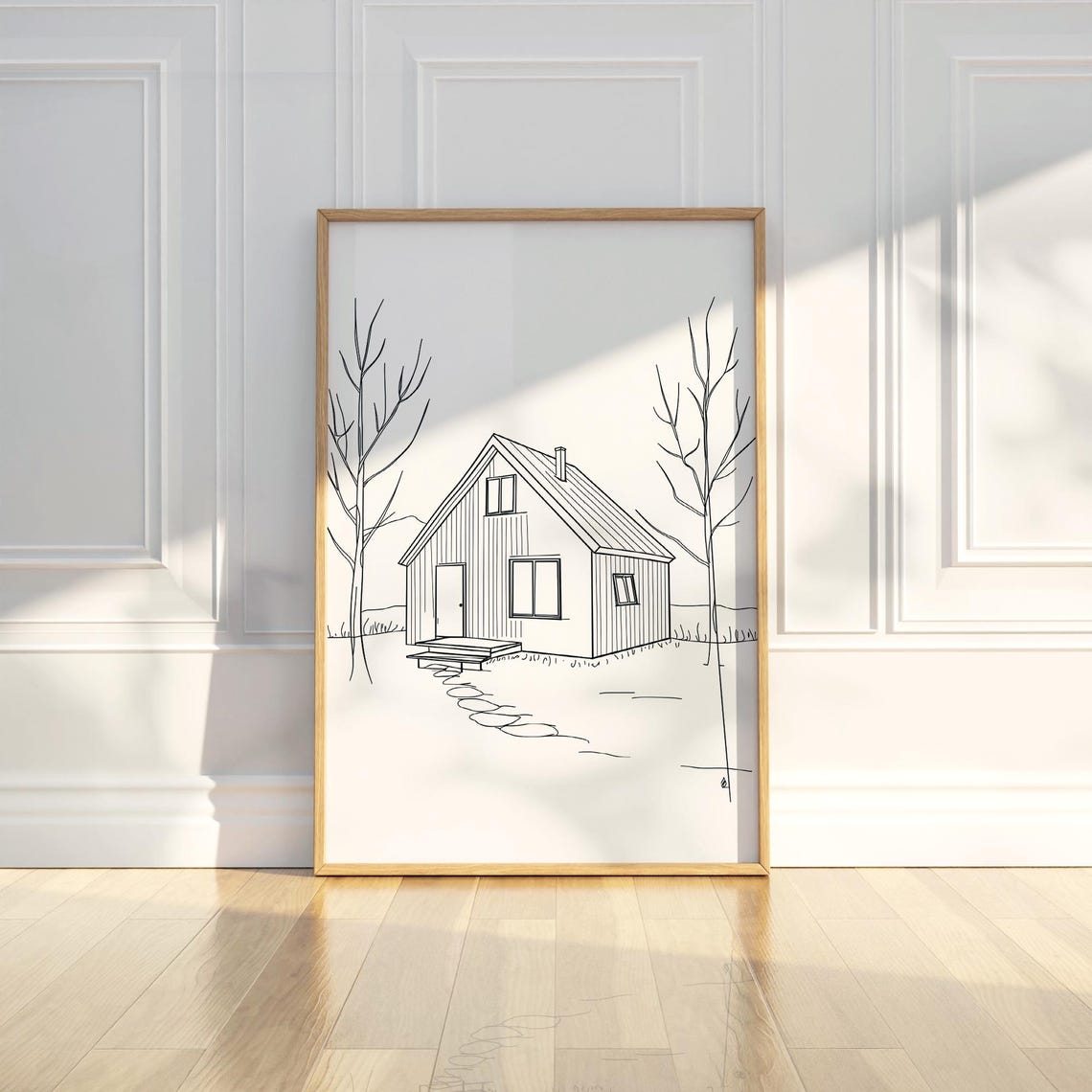 Cozy Wooden Cabin Line Art House Trees Minimalist Wall Poster