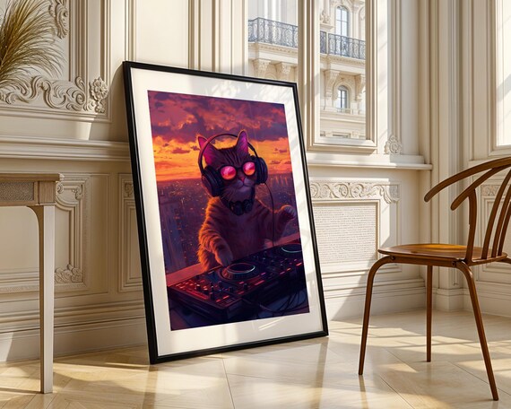 Cat DJ Wearing Headphones Over Sunset Skyline Electronic Music Poster