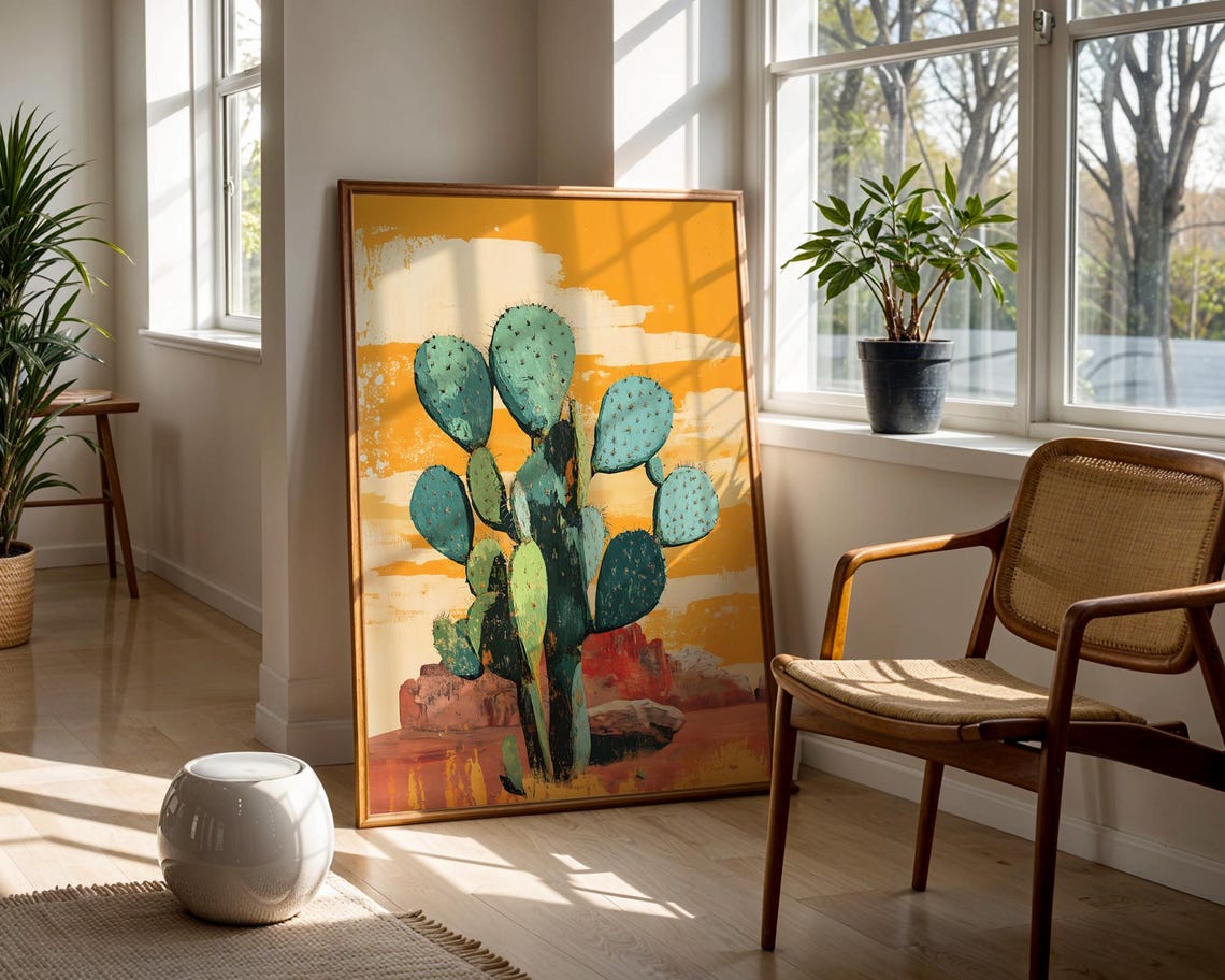 Vibrant Prickly Pear Cactus Southwestern Sunset Painting Poster