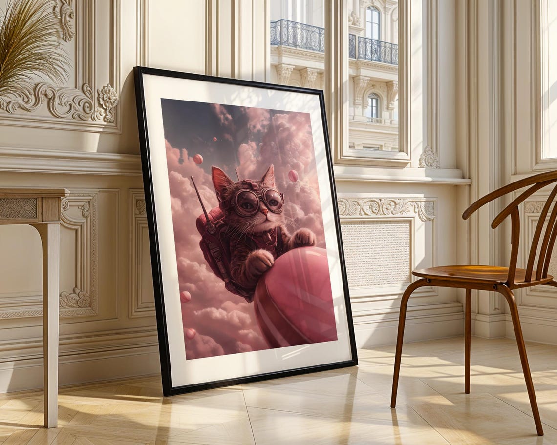 Whimsical Cat Aviator Riding Pink Hot Air Balloon Cloudy Sky Wall Art - Image 4