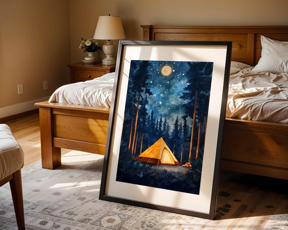 Forest Camping Under Stars Wall Art Adventure Tent Wilderness Night Sky Cozy Nature Landscape Decor