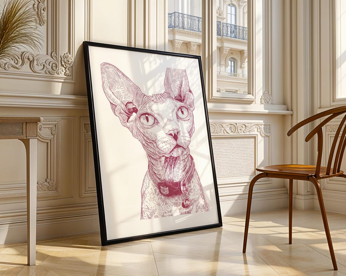 Sphynx Cat Portrait Magenta Ink Sketch Pet Illustration Poster - Image 4