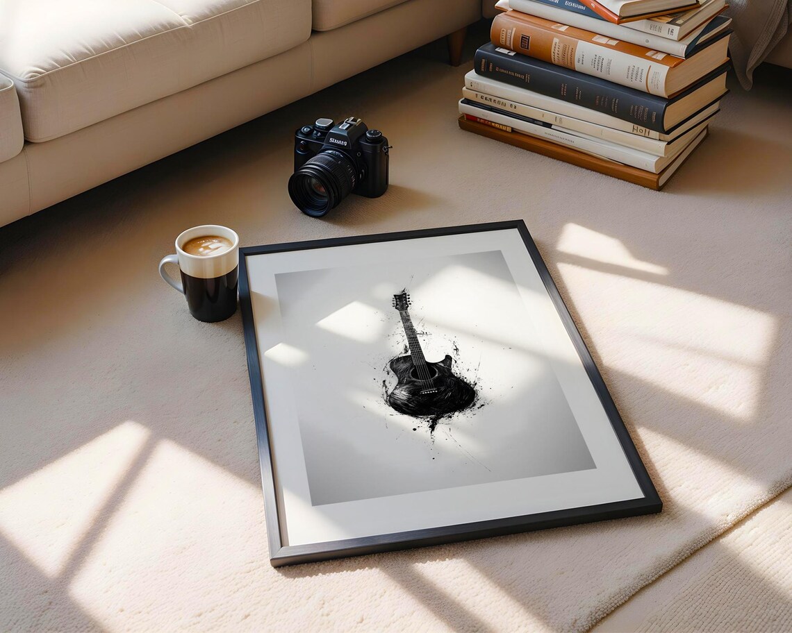 Black Acoustic Guitar Ink Splatter Abstract Rock Music Art Poster - Image 6