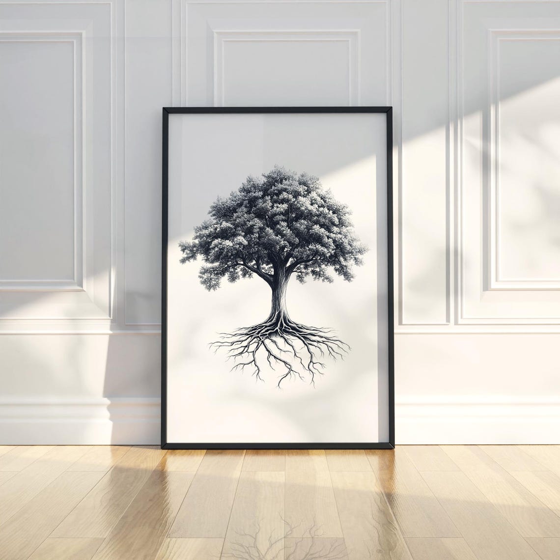 Black and White Tree of Life with Exposed Roots Ink Drawing Poster