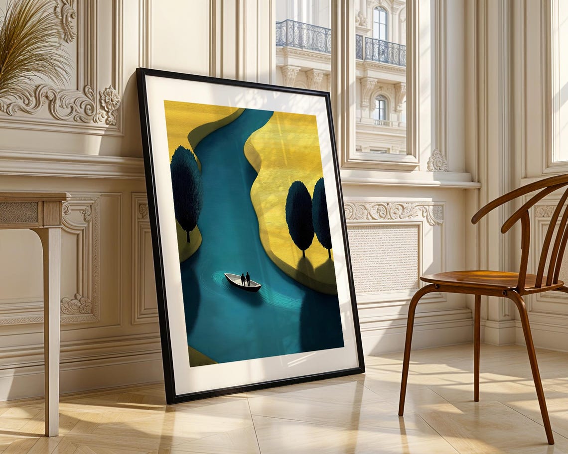Golden River Minimalist Aerial Abstract Boat Journey Style Poster - Image 3
