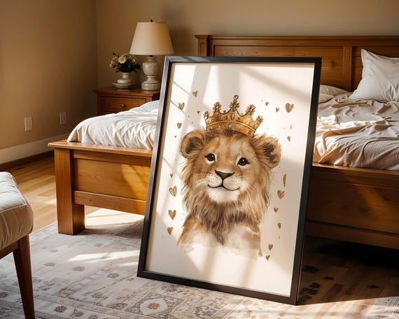 Royal Baby Lion Crowned Cub Nursery Wall Art Print Cute Safari Animal Illustration Neutral Jungle Theme Kids Playroom Room Decor Gift