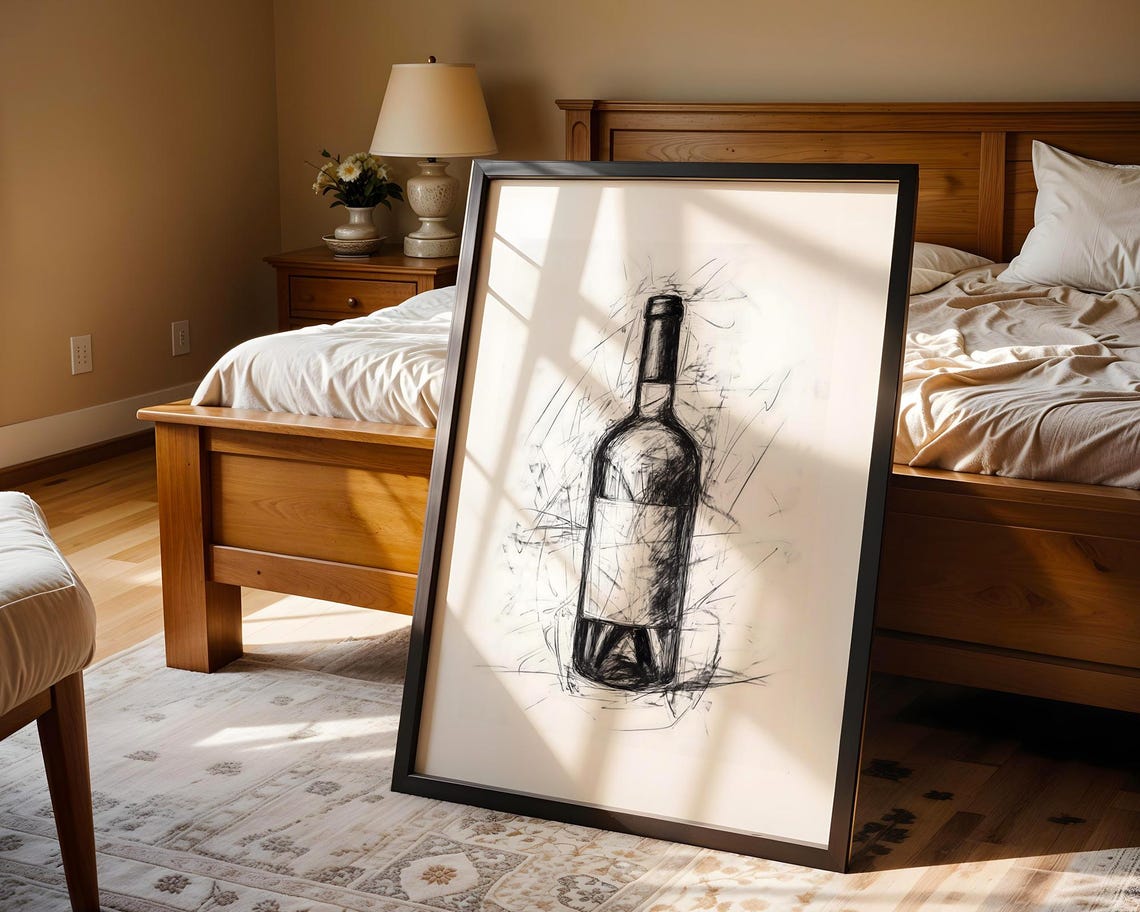 Wine Bottle Charcoal Sketch Black and White Kitchen Art Poster - Image 5