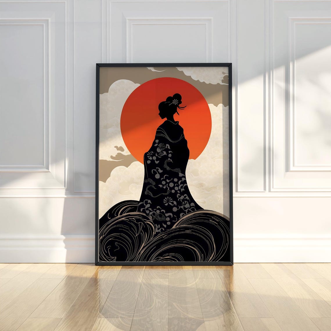 Japanese Kimono Woman Silhouette Bold Red Sun Woodblock Art Poster