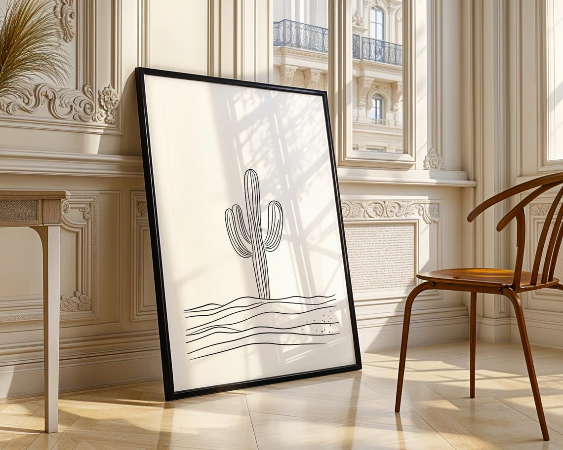 Minimalist Cactus Desert Landscape Monochrome Line Drawing Wall Art - Image 4