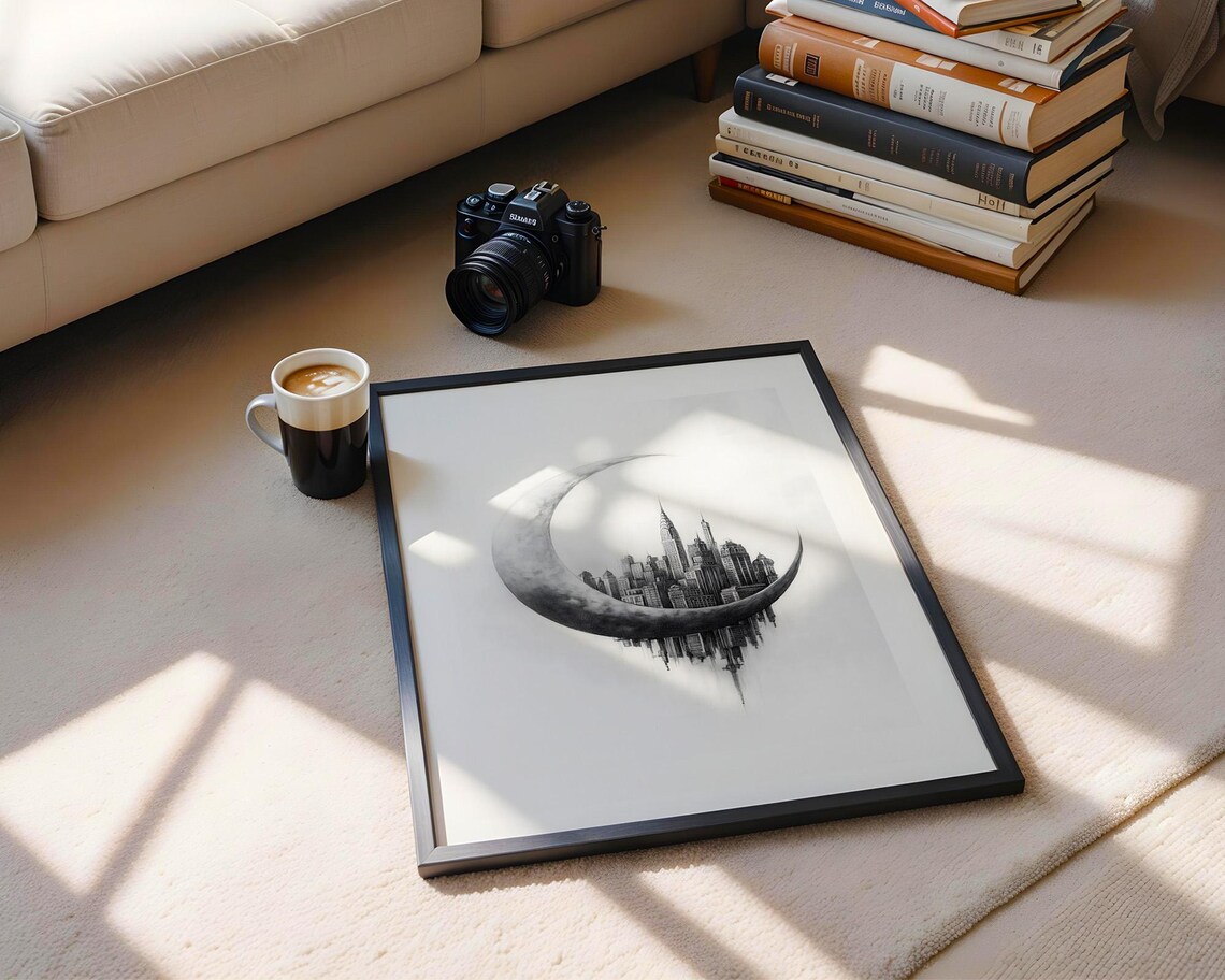 Crescent Moon Cradling City Skyline Monochrome Pencil Sketch Poster - Image 6