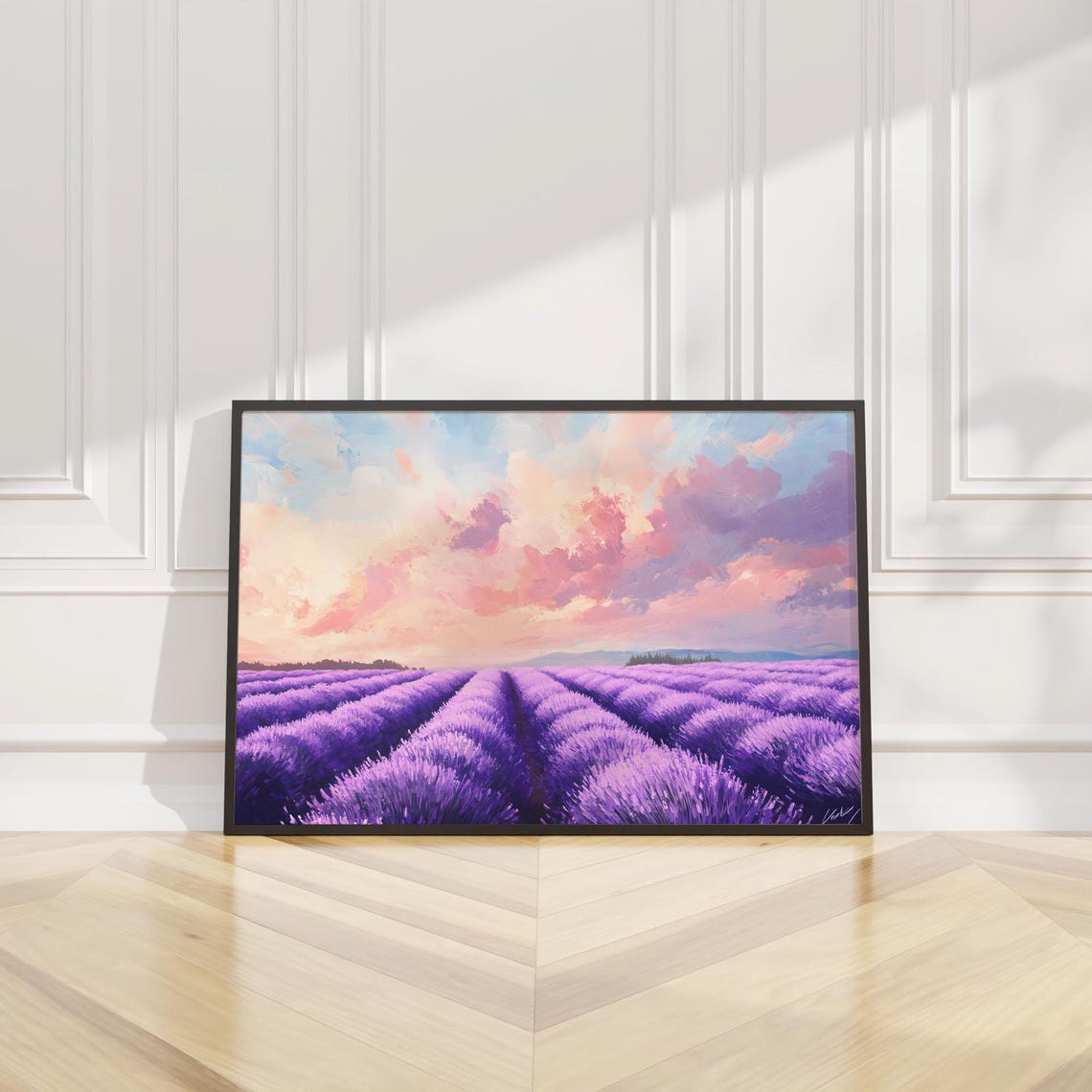Lavender Rows Sunset Pink Clouds Dreamy Purple Field Landscape Poster