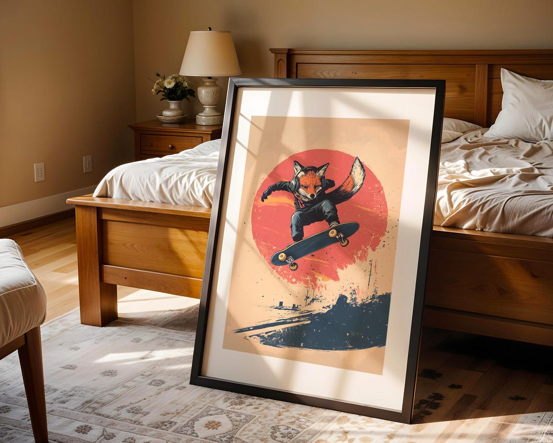 Skateboarding Fox Red Sun Circle Vintage Inspired Retro Skater Poster - Image 4