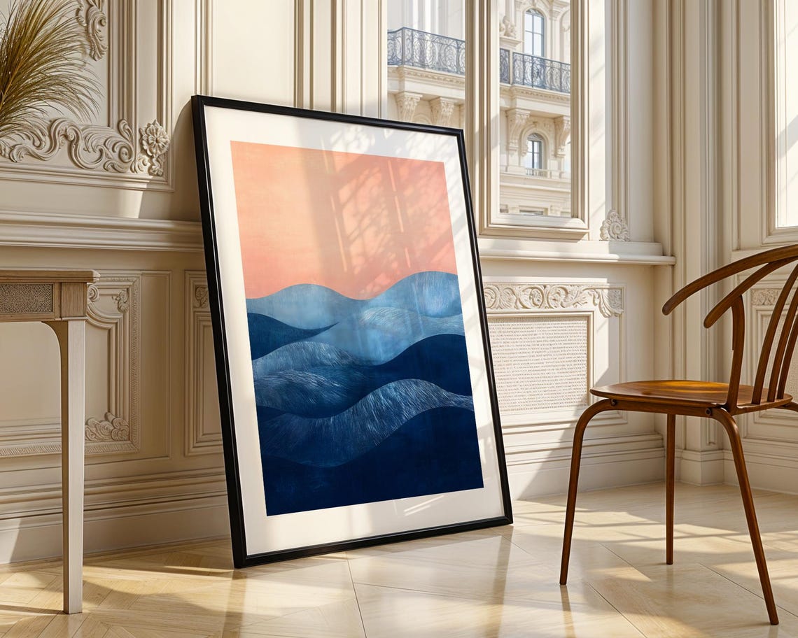 Abstract Navy Blue Rolling Hills Art Poster with Blush Pink Sky - Image 3