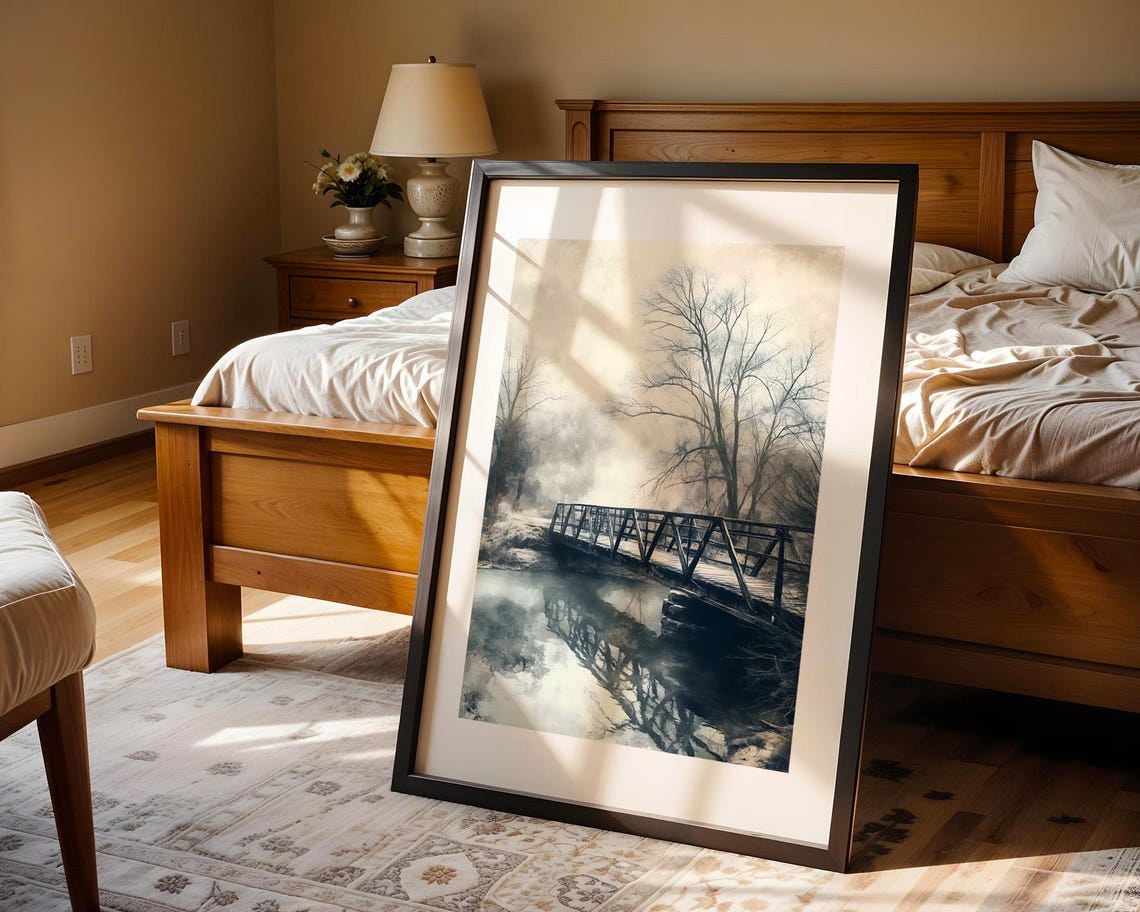 Misty Winter Bridge Black and White Forest Path Reflection Poster - Image 4