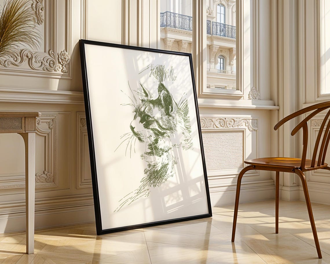 Cat Head Green Ink Sketch Feline Line Drawing Portrait Poster - Image 4