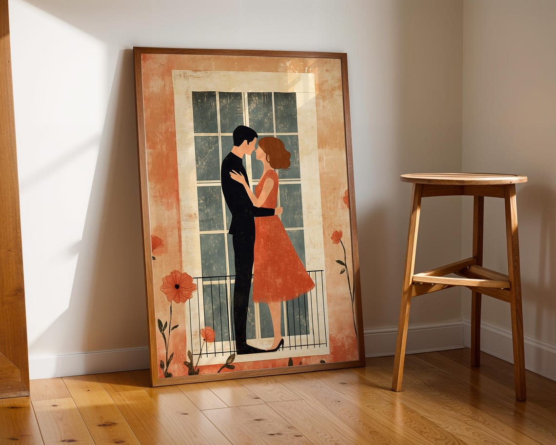 Vintage Couple Dancing Balcony Orange Poppies Romance Art Poster