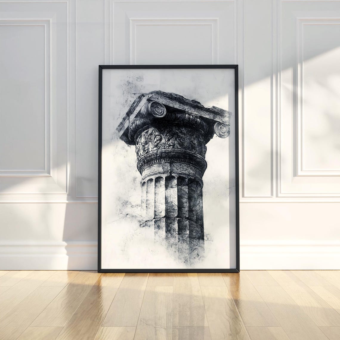 Ancient Stone Column Capital Black Ink Architectural Sketch Art Poster