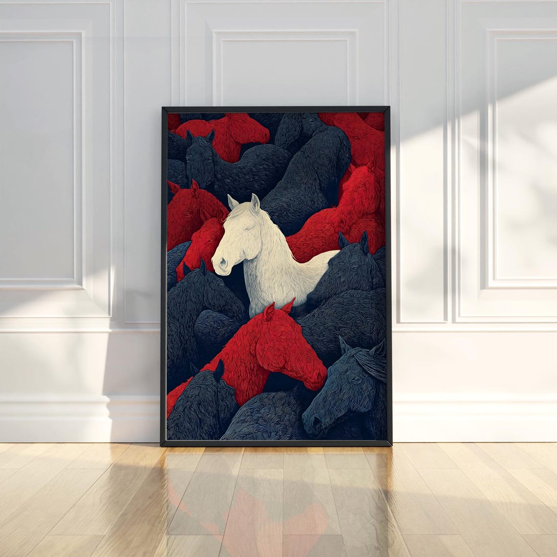 White Horse Standing Out Among Dark Red Horses Dramatic Poster