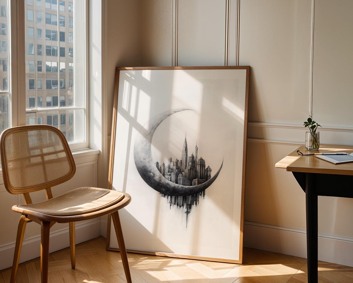 Crescent Moon Cradling City Skyline Monochrome Pencil Sketch Poster - Image 4