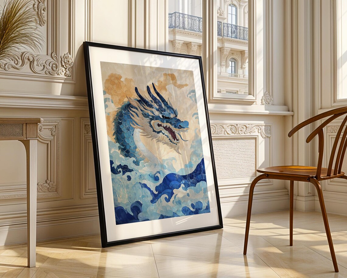 Blue Japanese Dragon Art Poster Rising from Swirling Ocean Waves - Image 3